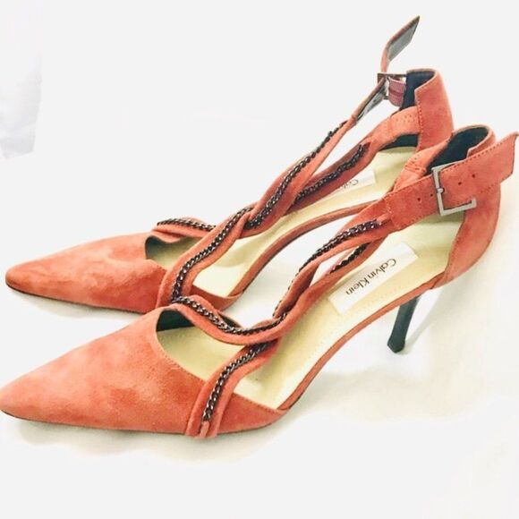 Calvin Klein Orange Strappy Chain 4 inch Heels Y - Picture 2 of 9